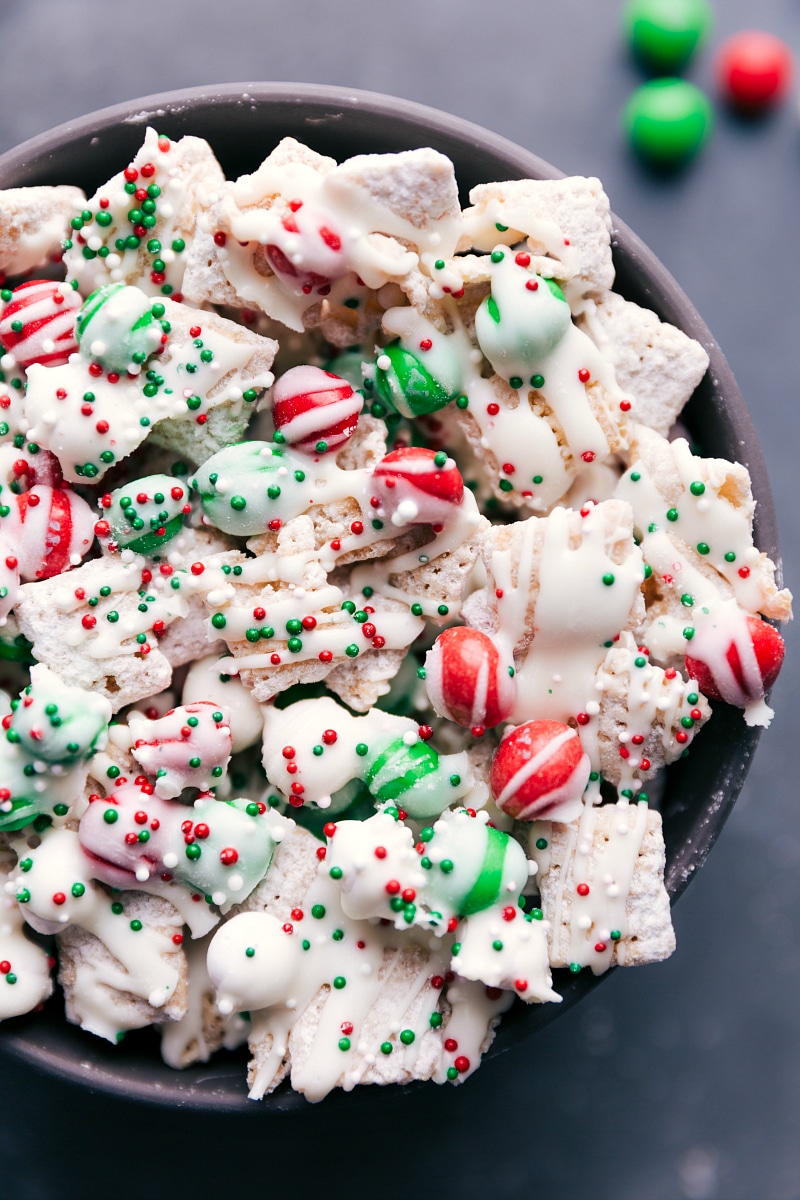 View of Christmas Cookie Snack Mix in a bowl.