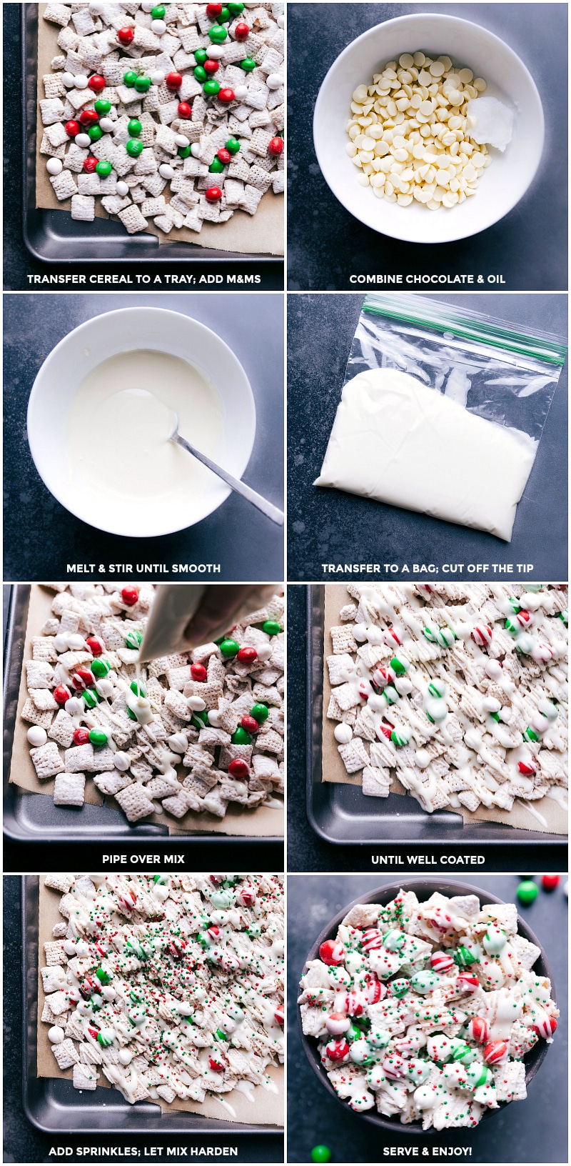 Process shots: Transfer cereal to a try and add candies; combine white chocolate and oil; heat and stir to melt; transfer to a bag; pipe chocolate over snack mix; add sprinkles and let harden; serve.