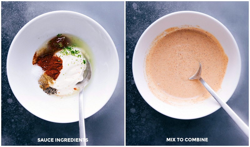 Photo of the sauce ingredients, before and after mixing.