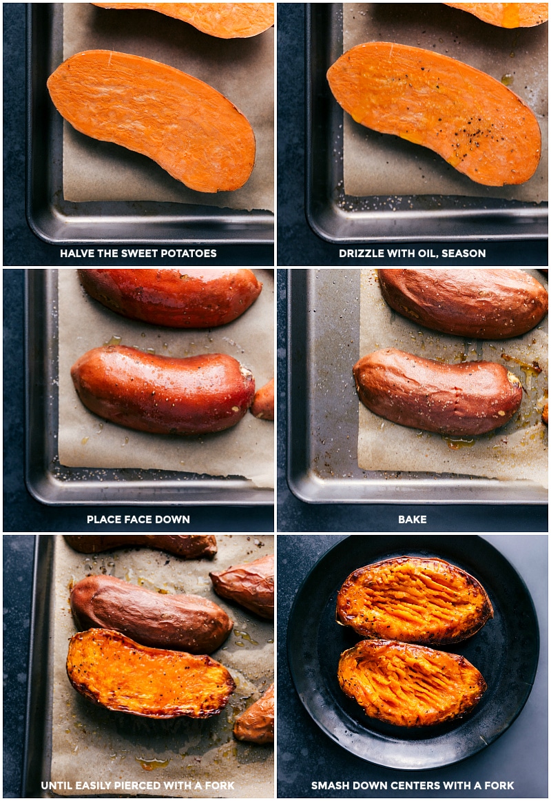 Process shots: halve the sweet potatoes; drizzle with oil and seasonings; bake face down until tender; smash down the centers with a fork.