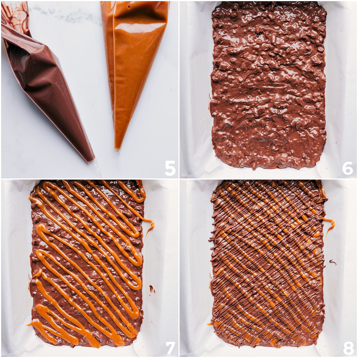 The Best Chocolate And Caramel Duo Dessert Melted chocolate and caramel in piping bags being drizzled over the dessert.