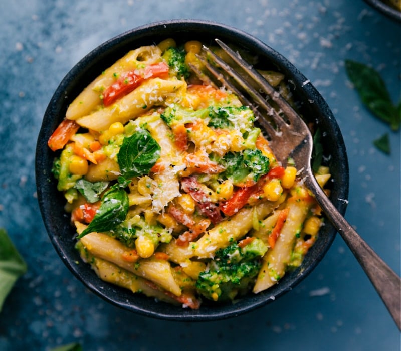 Overhead image of Vegetable Pasta in a bowl ready to be eaten