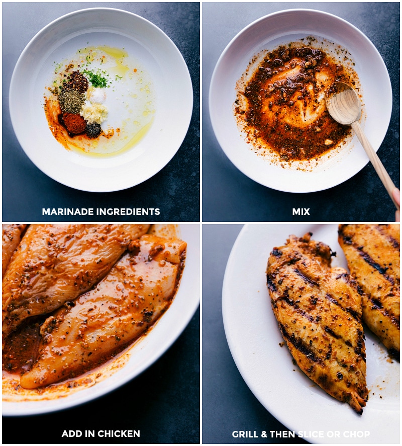 Process shots: Combine marinade ingredients; add in the chicken and chill; grill and then cut into bite-sized pieces or slices.