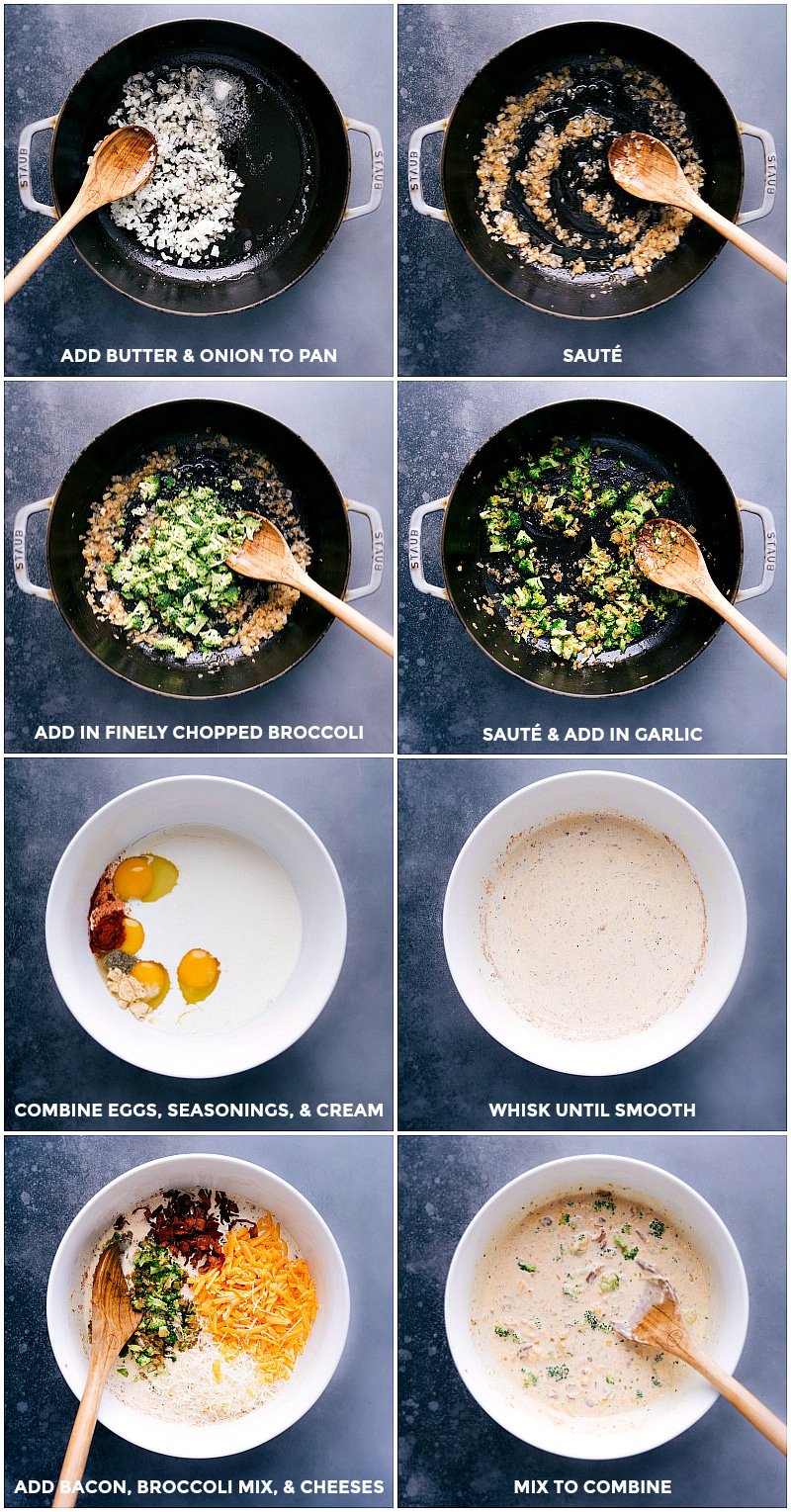 Process shots-- images of the broccoli and onion mixture being sautéed; the egg and cream base being made.