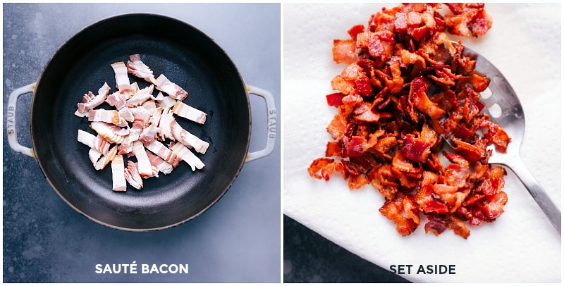 Process shots-- images of bacon being sautéed.