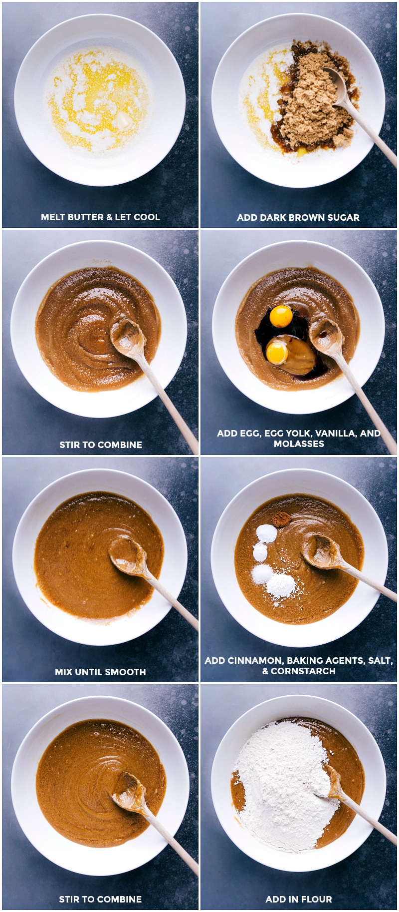 Wet and dry ingredients being added to a bowl and mixed together.