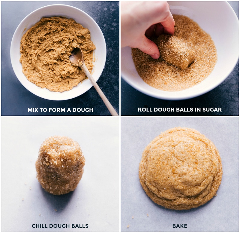 Dough being rolled into balls and rolled into sugar and then chilled and baked.