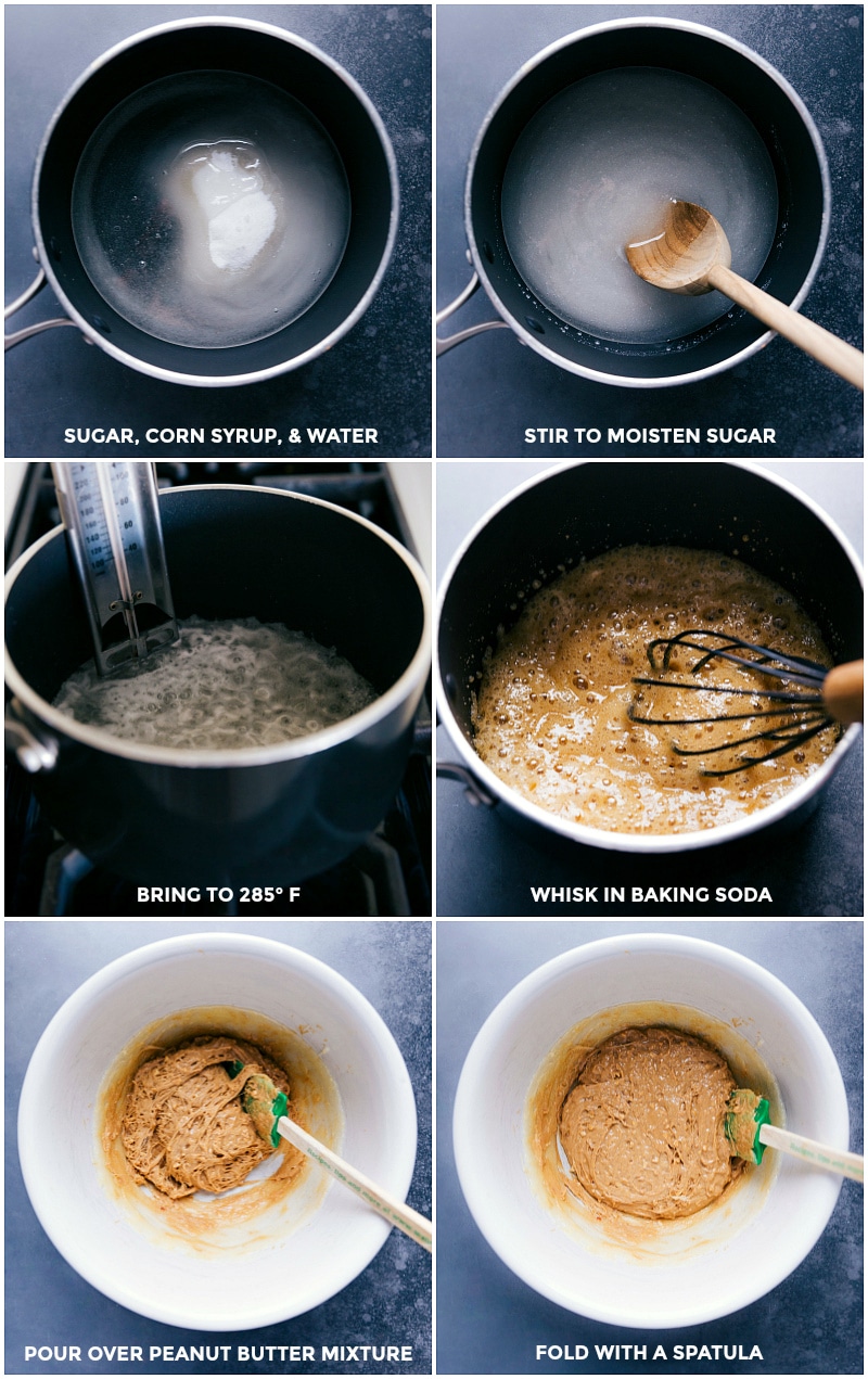 Process shots: Bring sugar, corn syrup and water to a boil; when temperature reaches 285 degrees, whisk in baking soda; pour over peanut butter mixture and fold in with a spatula.