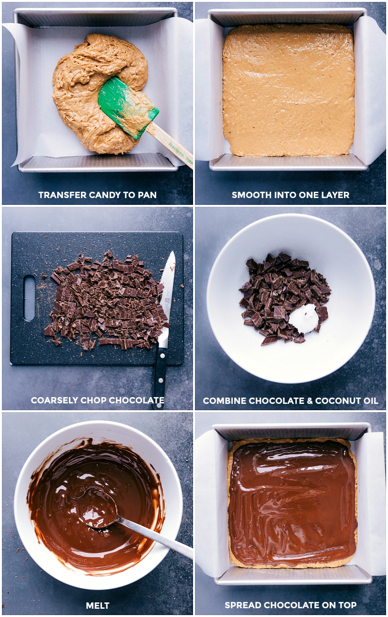 Process shots: transfer candy to a pan and smooth into a layer; coarsely chop chocolate; combine with coconut oil; melt and spread over the candy.