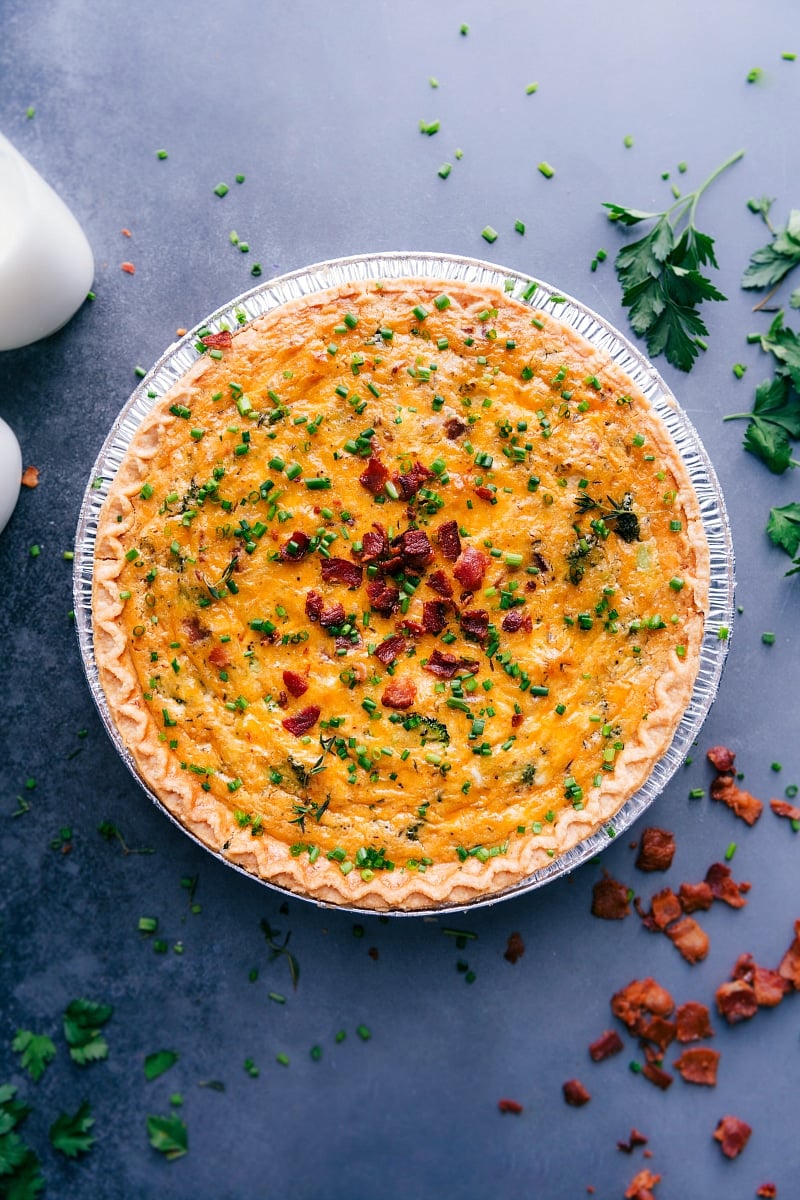 Image of the baked Broccoli Cheddar Quiche, ready to be eaten.