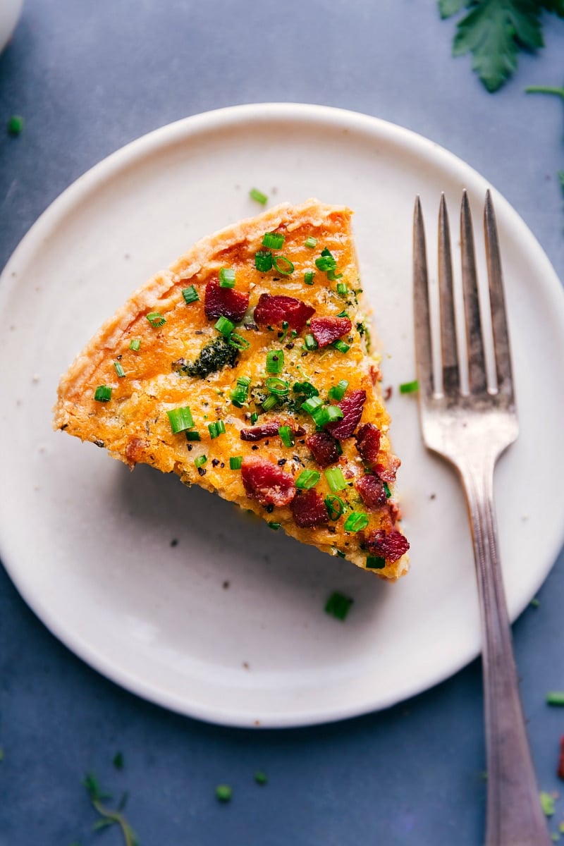 Overhead image of a slice of Broccoli Cheddar Quiche.