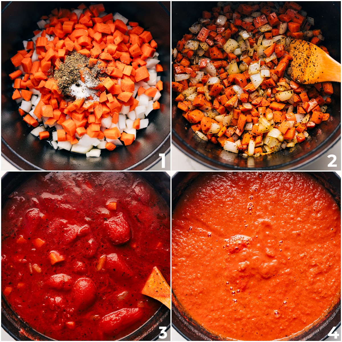 Vegetables sautéed with seasonings, tomatoes added, then cooked and blended for smooth this tomato soup recipe.