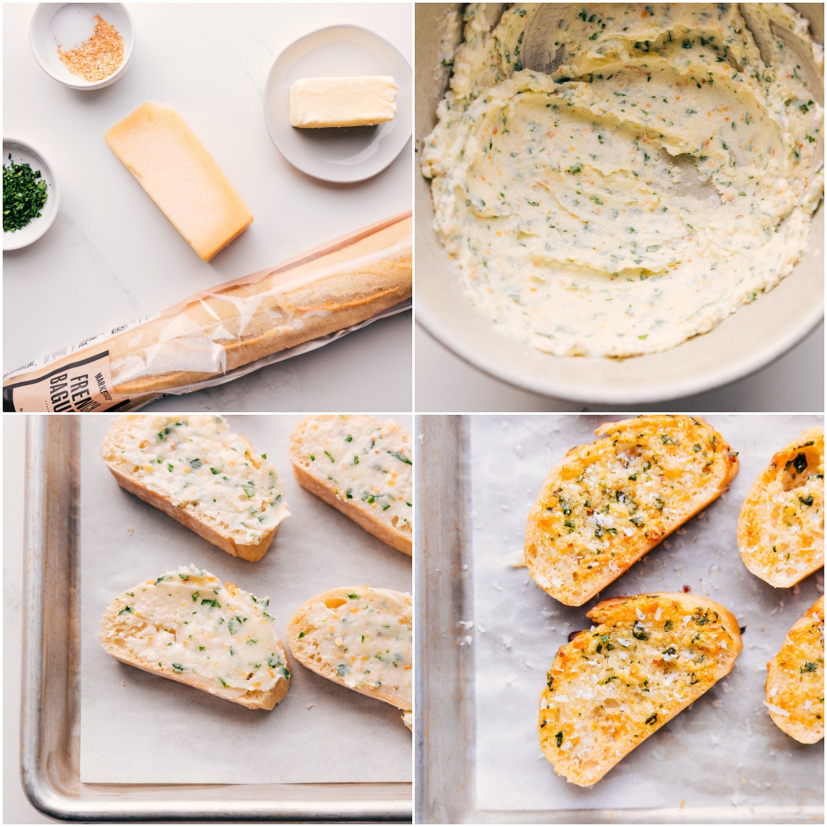 Buttery and cheesy baguettes being cooked to dip in this soup.