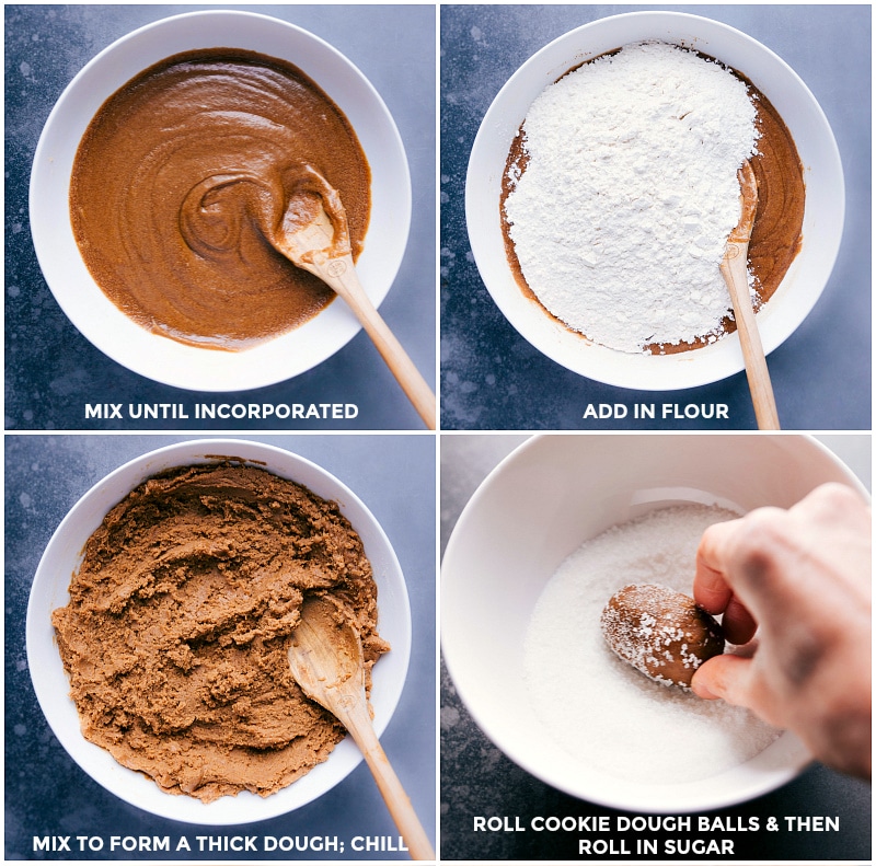 Process shots: mixing the ingredients to form a thick dough; chill; roll dough balls in sugar for Gingersnaps.