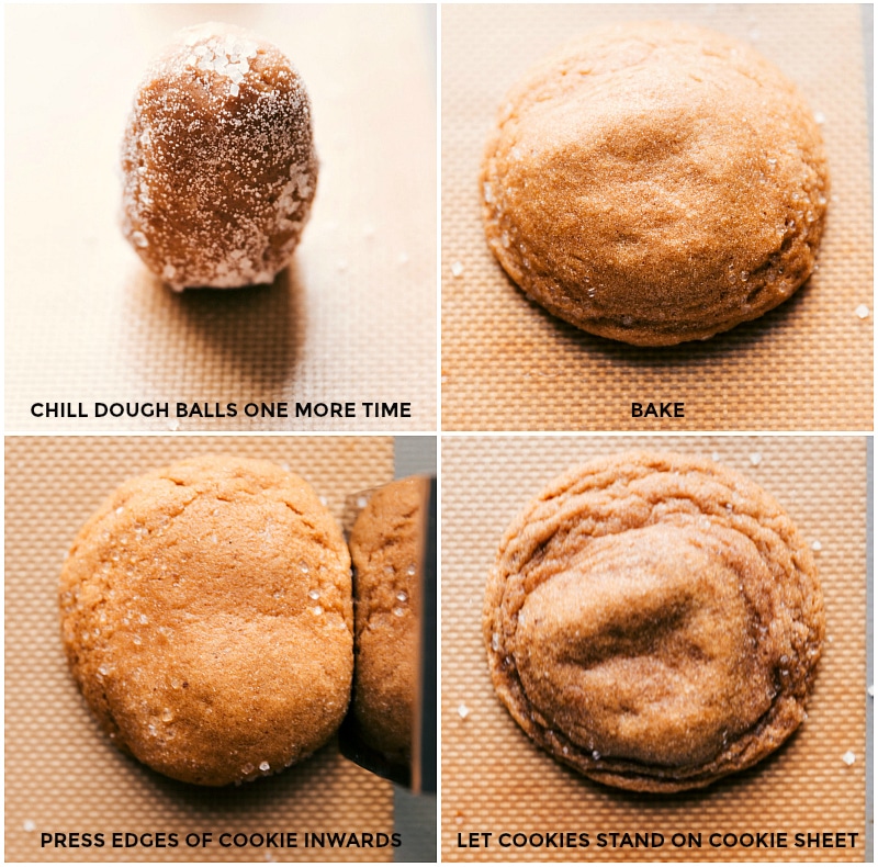 Process shots: chill sugar-coated dough balls again; bake; press edges inward to create crispy edges; let stand on the cookie sheet.