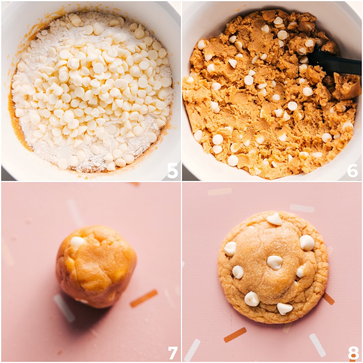 Making The Graham Cracker Cookies Dough And Baking It Flour and white chocolate mixed with the wet ingredients to form a thick dough, then rolled into dough balls and baked.