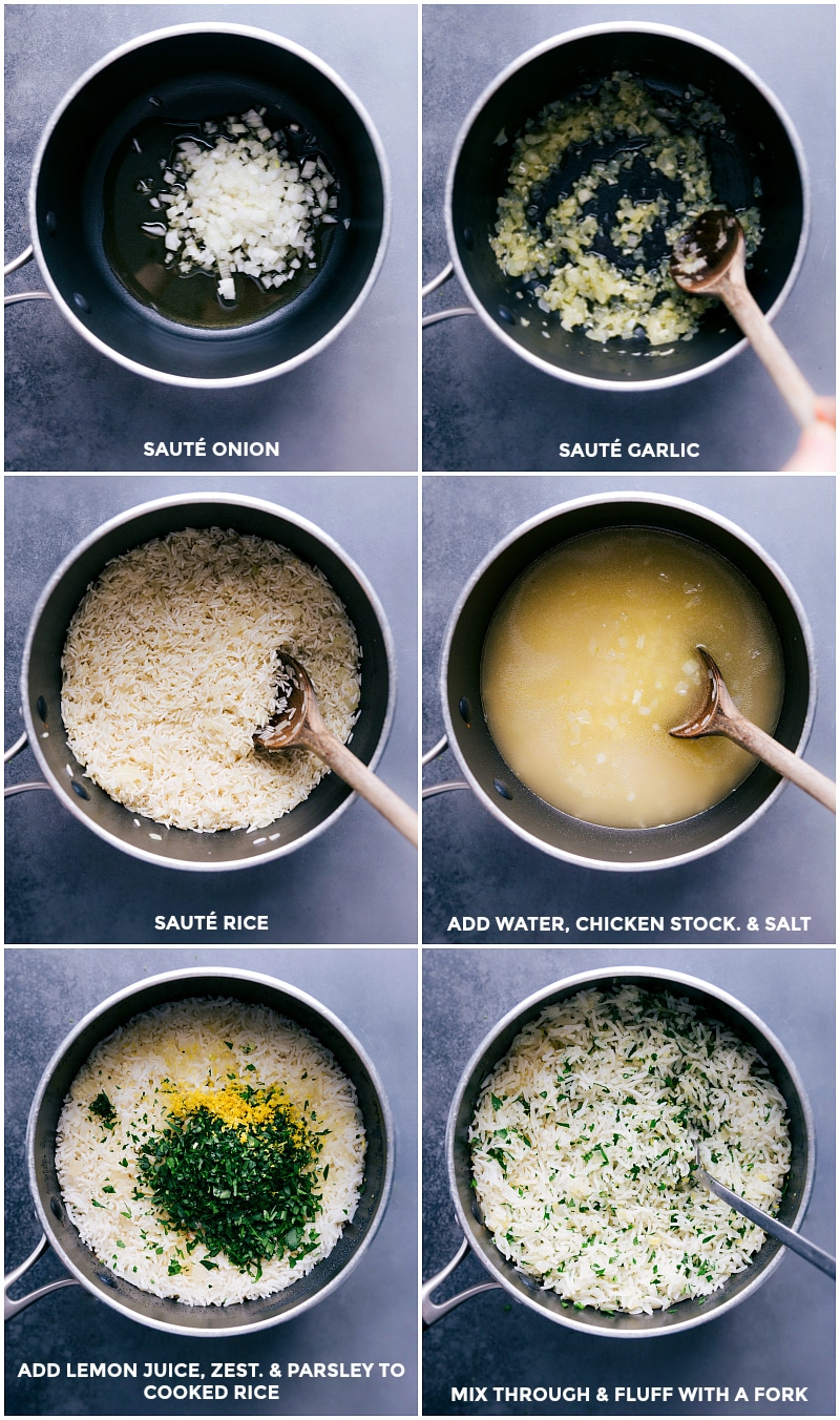 Process shots-- images of the onion and garlic being sautéed; rice being added; and it all being cooked.