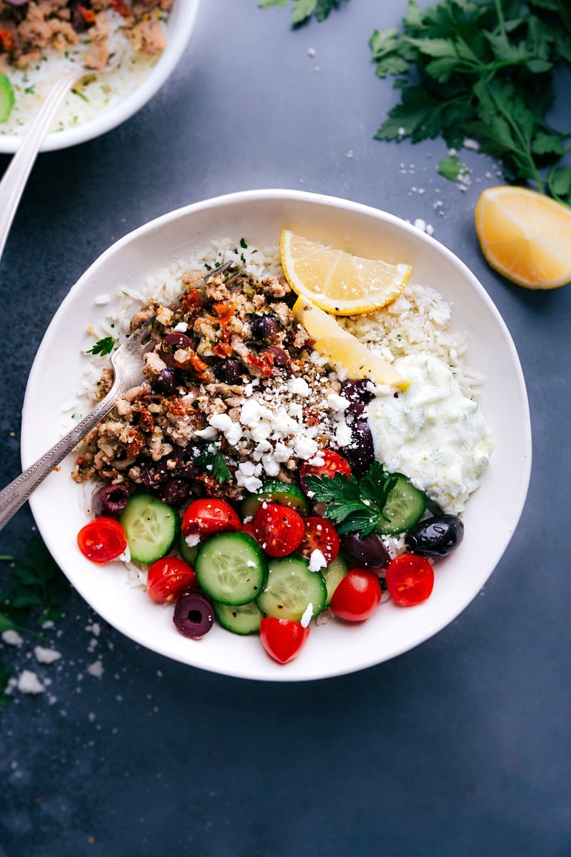 Overhead image of Greek Ground Turkey in a bowl, ready to be eaten.