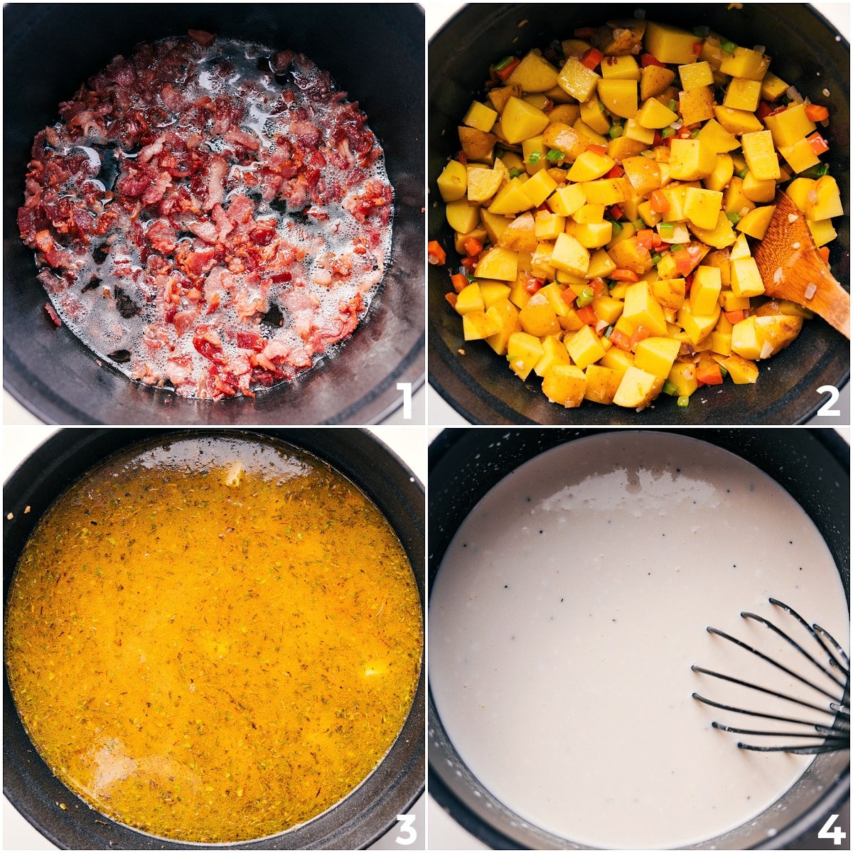 How To Make Loaded Potato Soup Recipe Bacon cooking in a pot, followed by sautéed veggies with broth and cream added to simmer for Loaded Potato Soup.