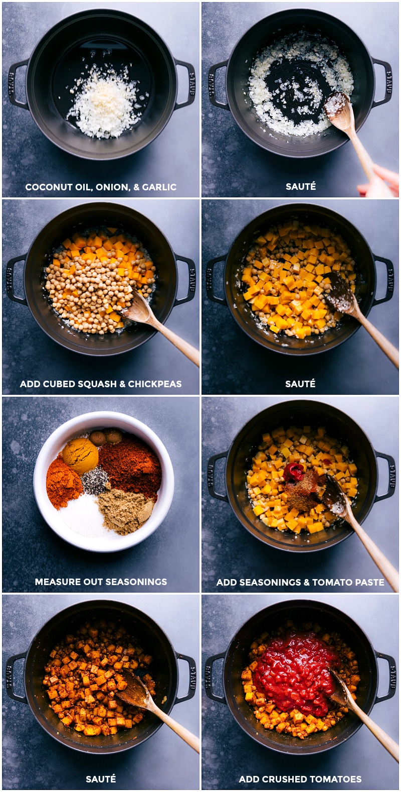 Process shots: Brown onion and oil in oil; add squash and chickpeas; measure seasonings, tomato paste and add; add crushed tomatoes.