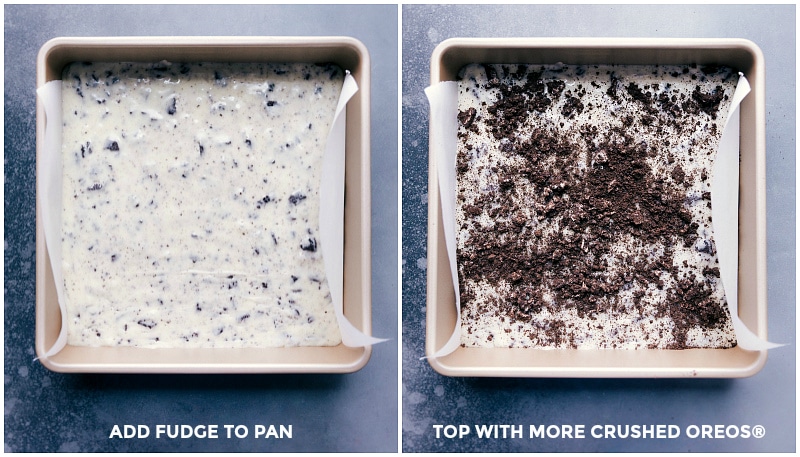 Images of the fudge spread into the pan; topped with additional crushed Oreos.