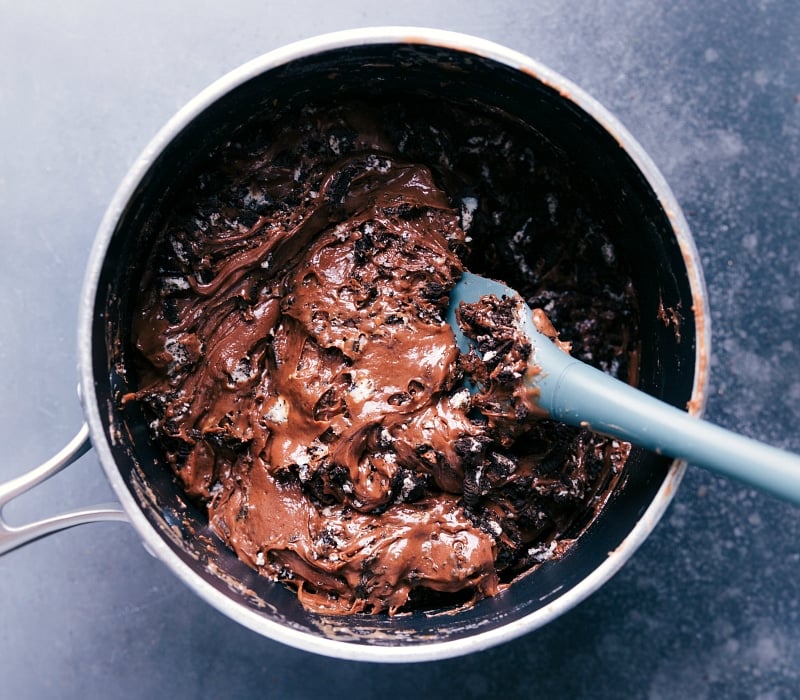 Overhead view of the fudge all mixed and melted, ready to be spread into a pan.