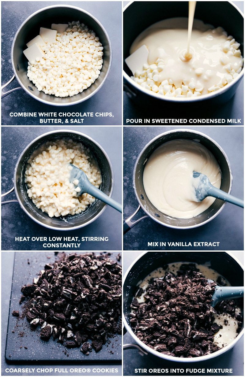 Process shots: Combining and melting the ingredients; stirring in the chopped Oreos.