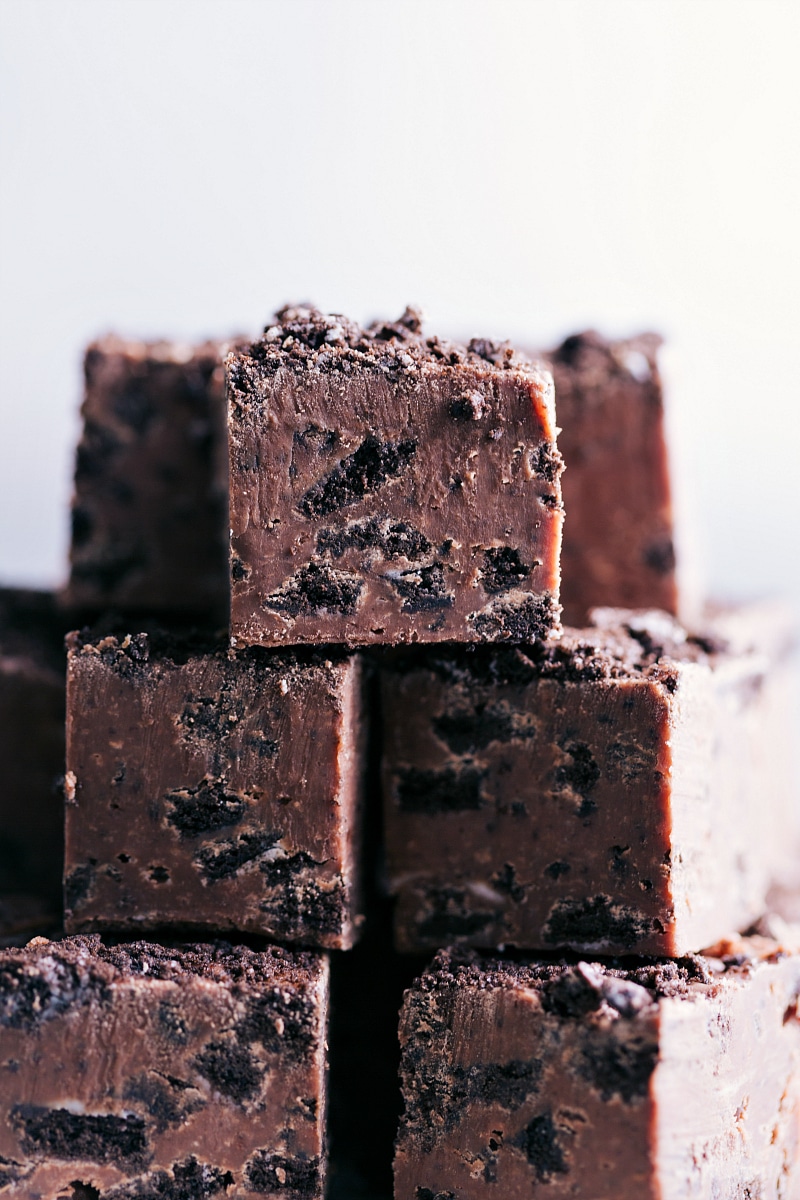 Close-up view of Chocolate-Covered Oreo Fudge pieces.