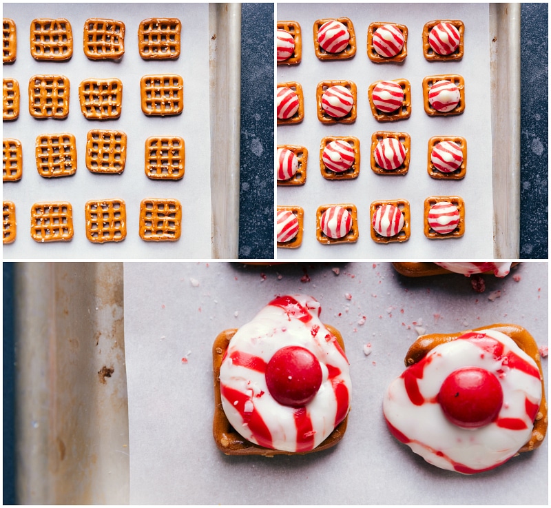 Process shots-- images of the pretzels being laid out, the candy cane kisses being added on top, everything being baked, and the m&ms being added on top