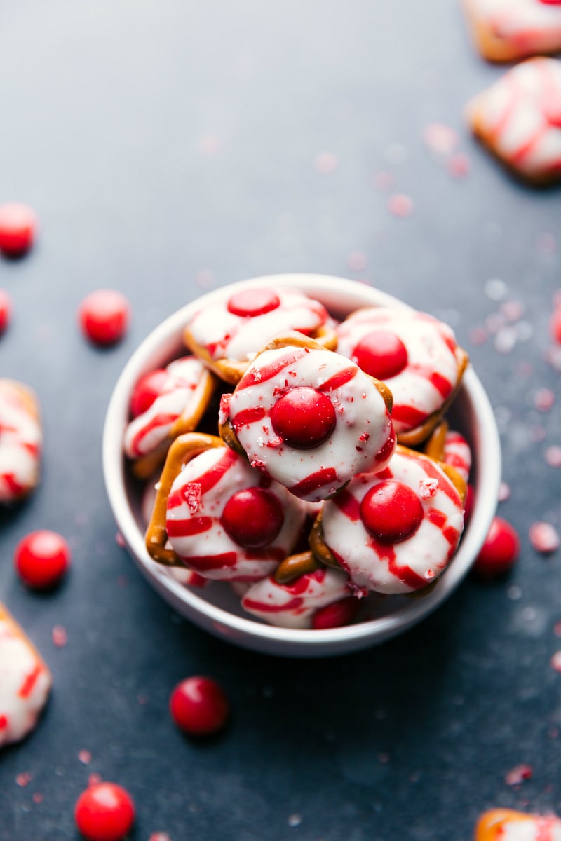 Overhead image of a bowl of the peppermint bark pretzels