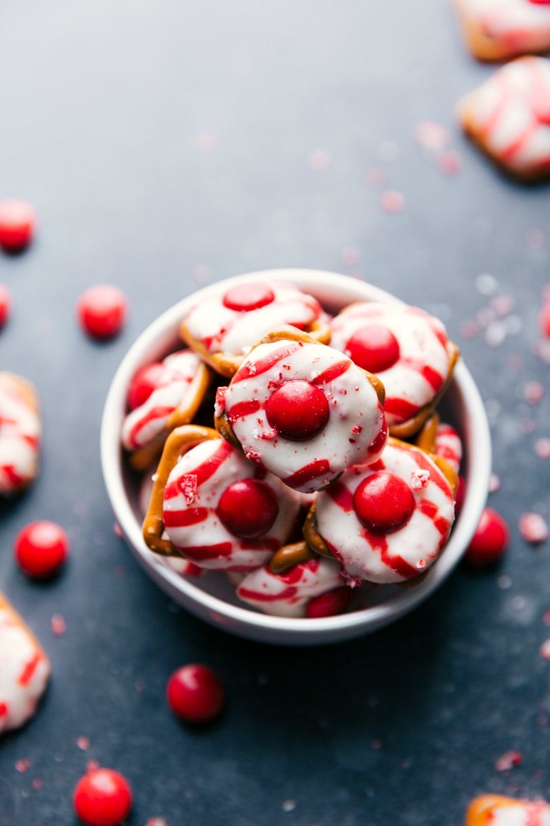 Overhead image of a bowl of the peppermint bark pretzels