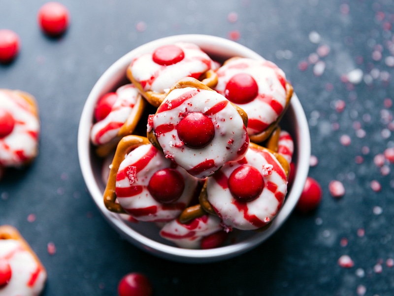 Up close overhead image of the peppermint bark pretzels in a bowl ready to be eaten