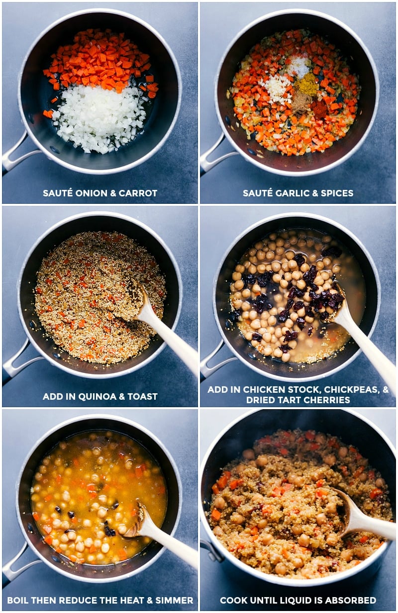 Process shots-- images of the veggies and quinoa being sautéed; chicken stock, chickpeas, and dried tart cherries being added; and everything being simmered and reduced.