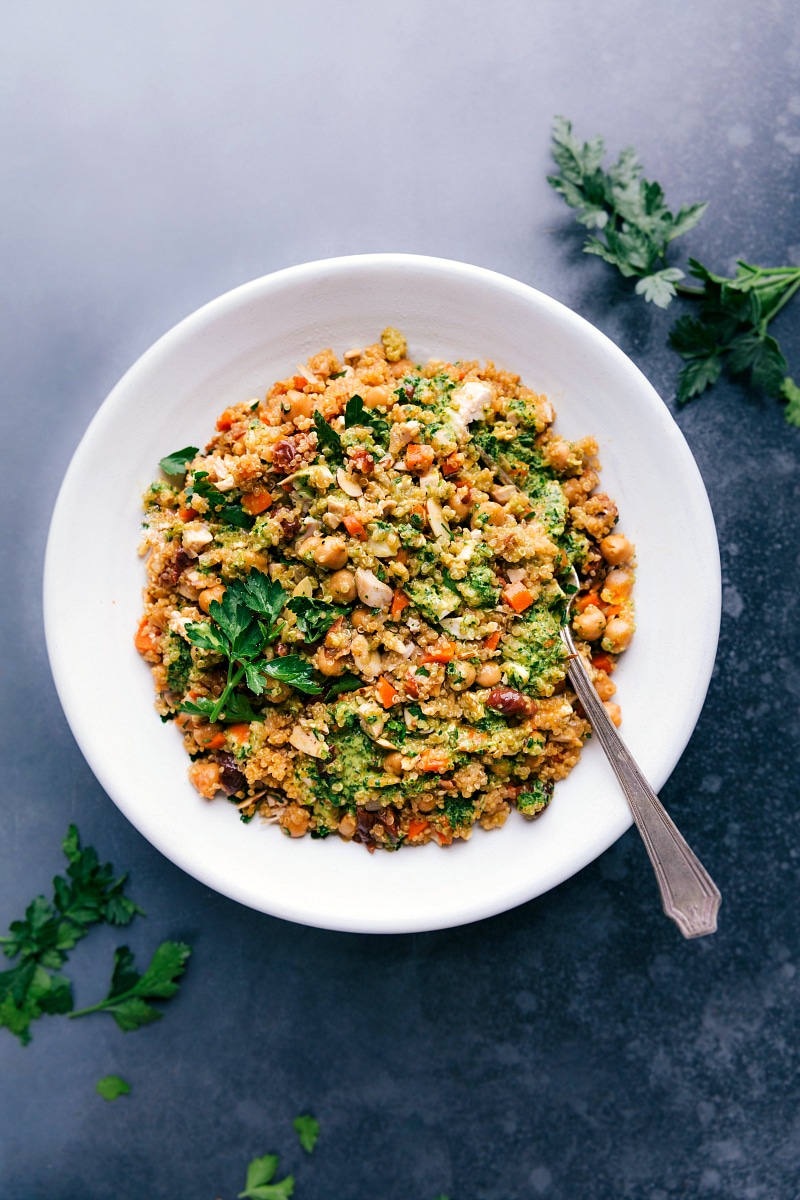 Overhead image of Quinoa Pilaf in a large serving bowl.