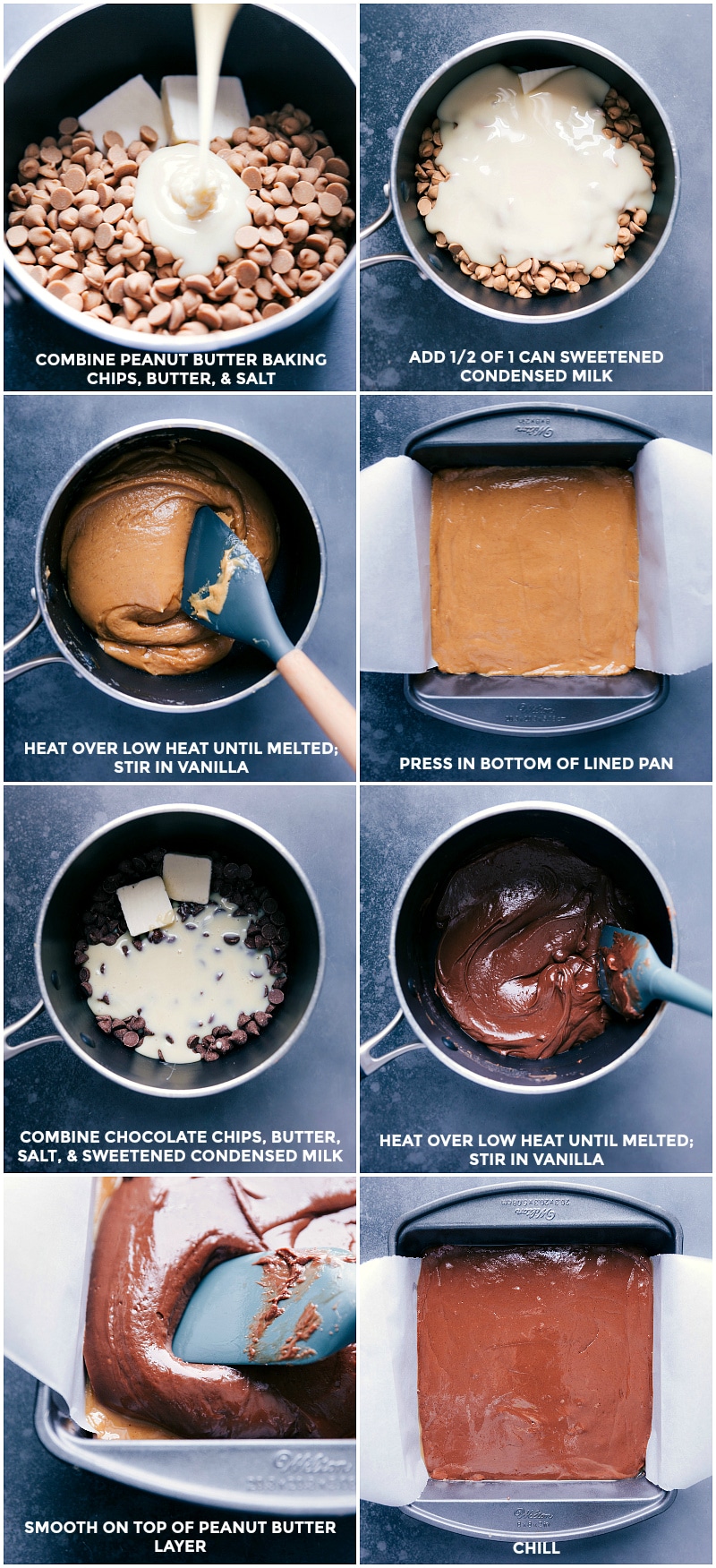 Process shots: combining and melting the ingredients for the peanut butter layer; spreading in a pan; combining and melting ingredients for the chocolate layer; spreading into the pan.