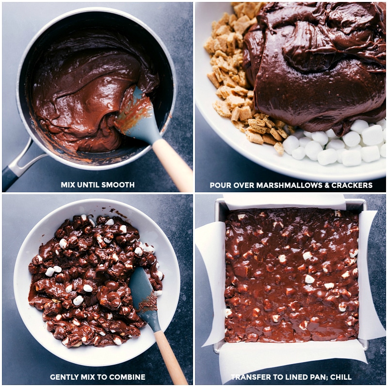 Process shots: Mix chocolate mixture until smooth; pour over marshmallows and crackers; mix gently; transfer to a pan and chill.