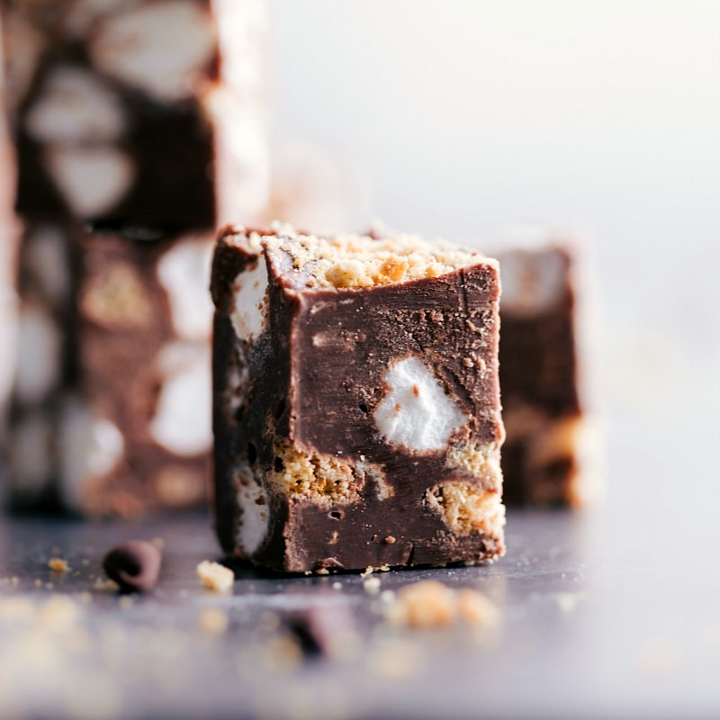 Close-up view of a piece of S'mores Fudge.