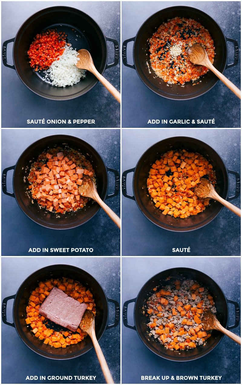 Process shots: sautéing the veggies and ground turkey.