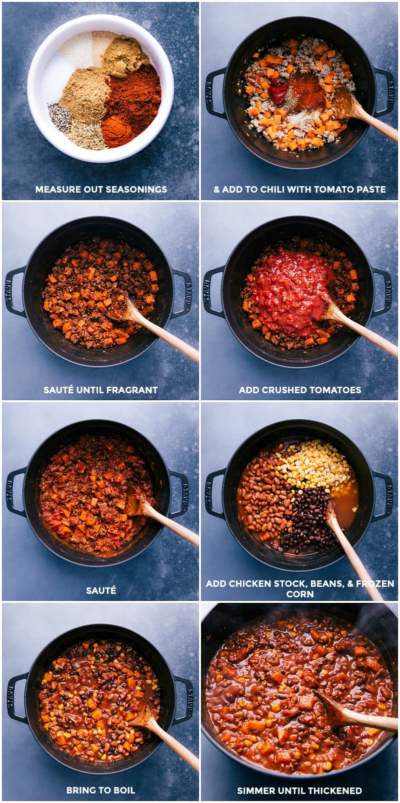 Adding the spices and tomatoes to the pan; adding stock, beans and corn; simmering until thick and tender.