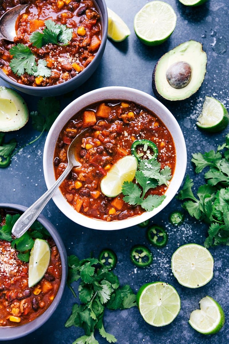 Overhead view of of several bowls of Turkey Chili.