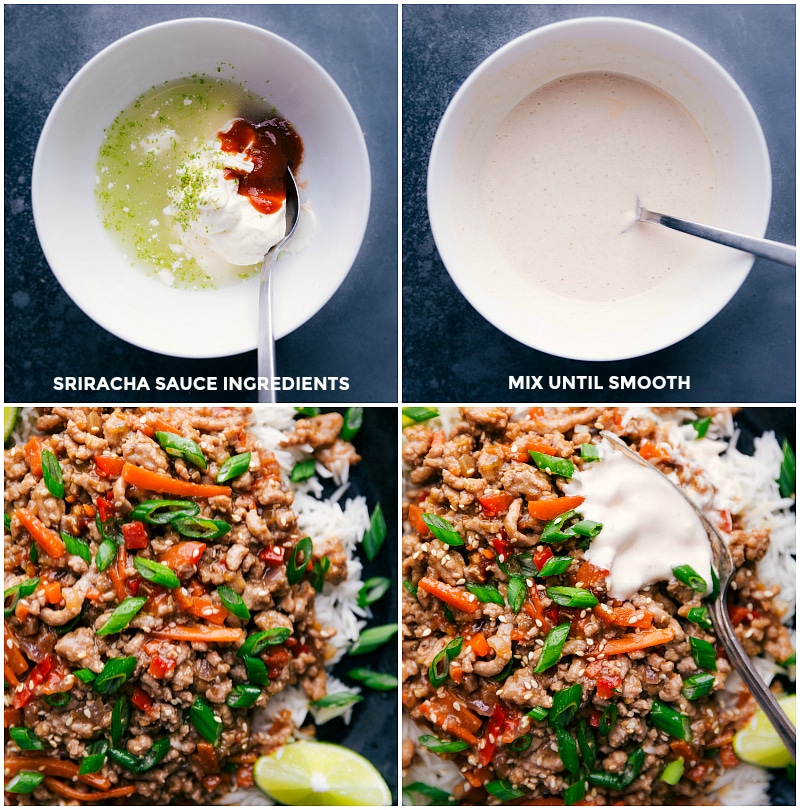 Mixing the ingredients for the Sriracha sauce; adding it to the Asian Ground Turkey.