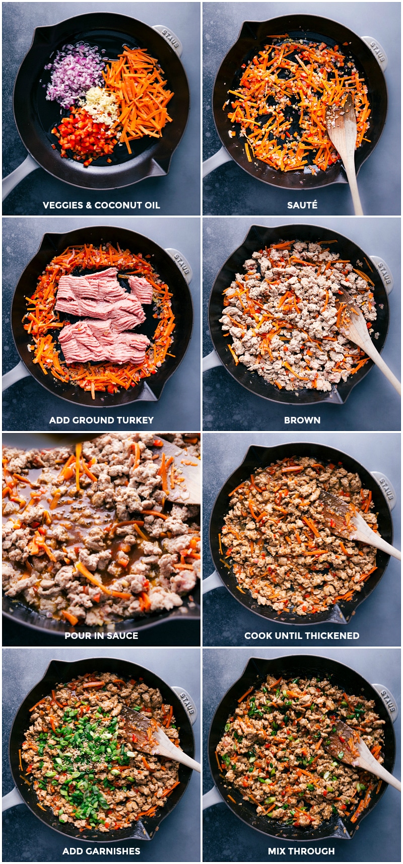 Process shots for making Asian Ground Turkey: cooking the veggies and turkey.