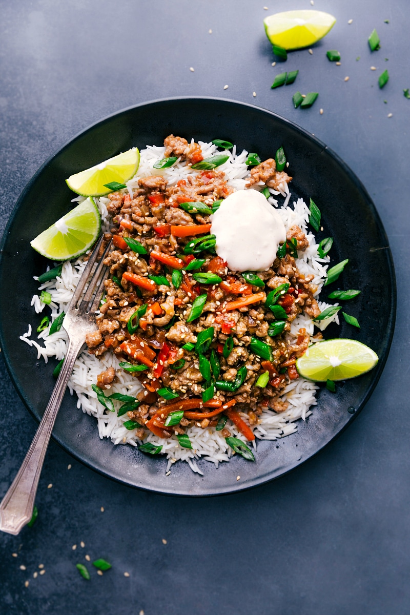 Overhead view of Asian Ground Turkey bowls with rice.