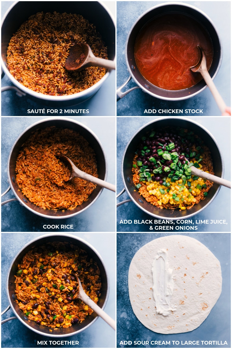 Process shots-- images of the rice being cooked and the sour cream being added to the tortilla