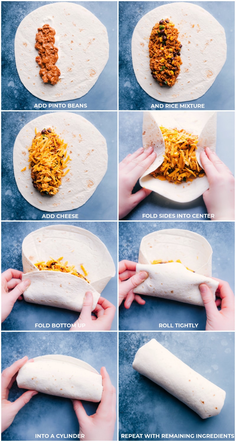 Process shots--images of the beans, rice, and cheese being added to the tortilla and being folded up