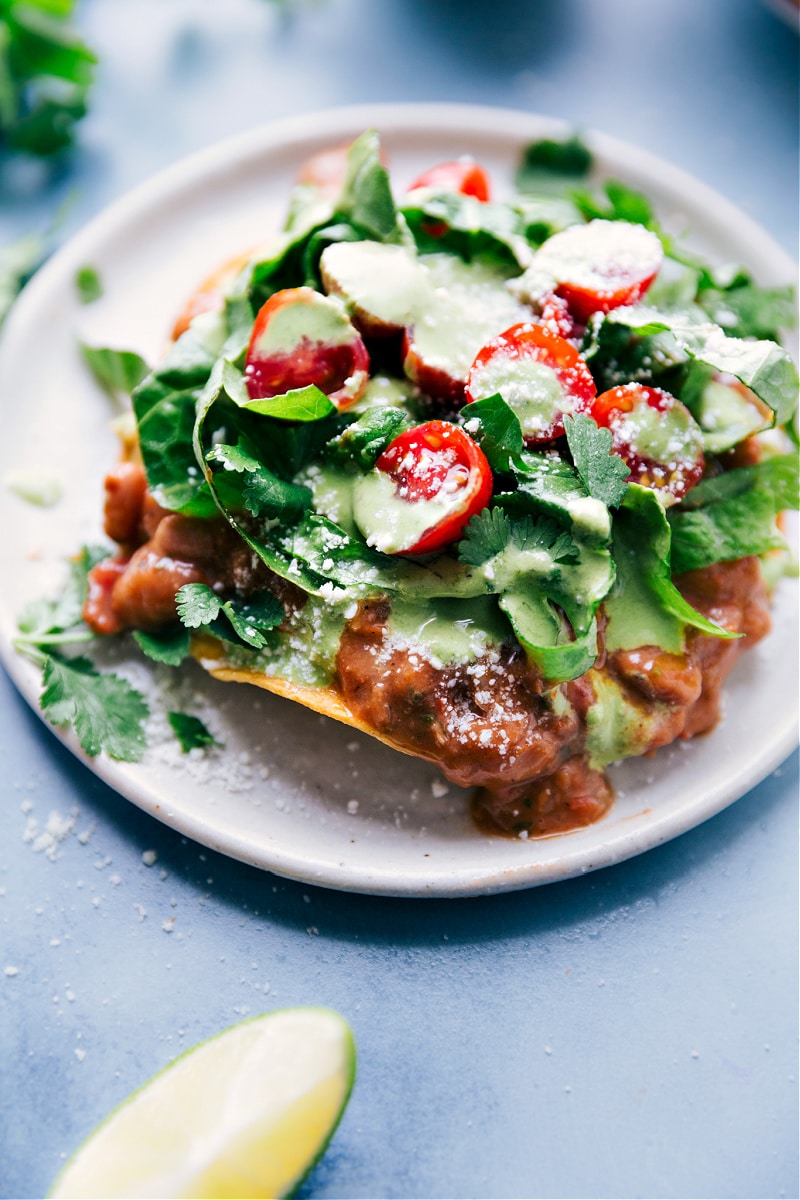 Process shots--up-close image of Bean Tostada, ready to be eaten.