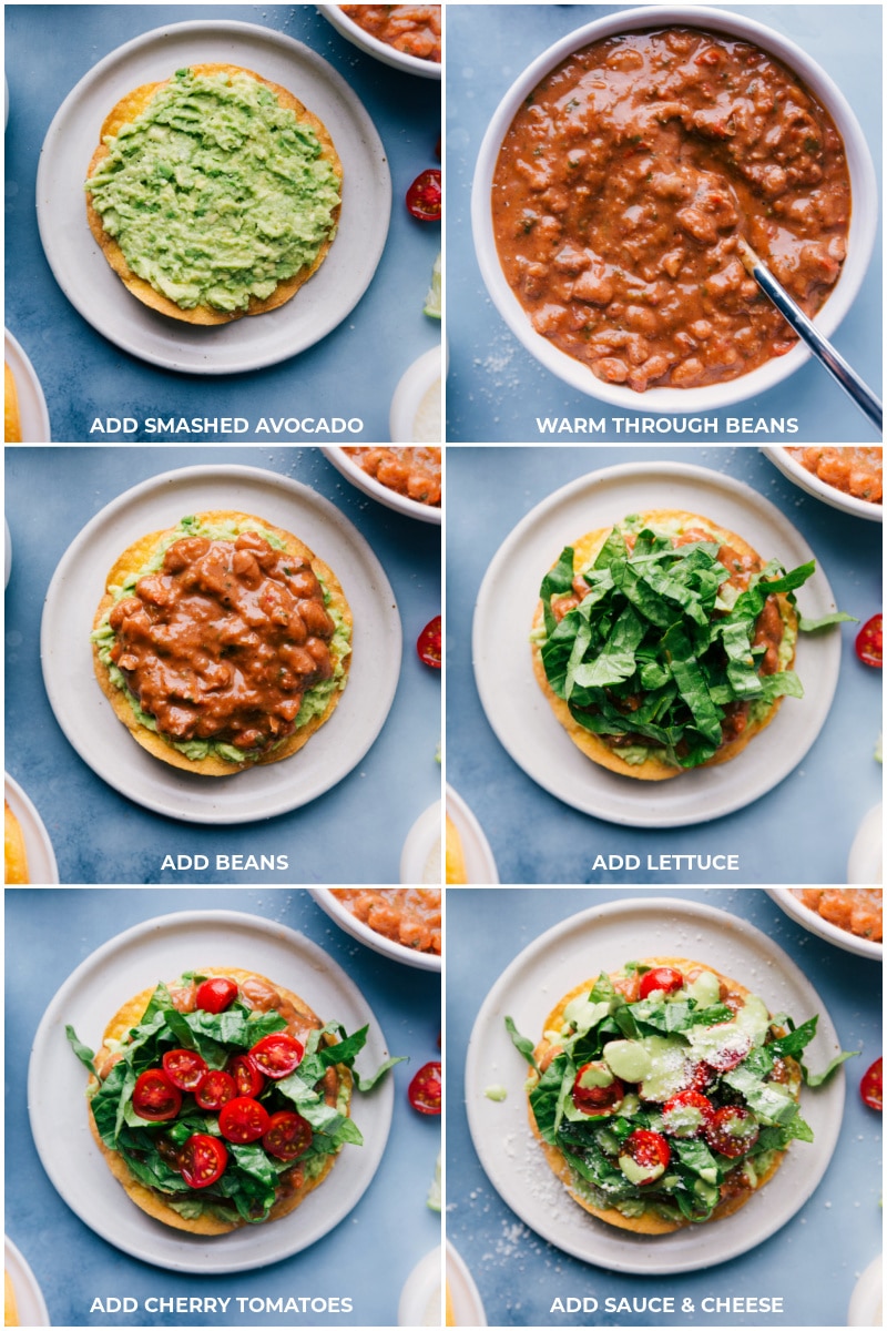 Process shots-- images of the assembly of the Bean Tostadas, first the smashed avocado goes on the tortilla, then the beans, lettuce, tomatoes, and then sauce and cheese.