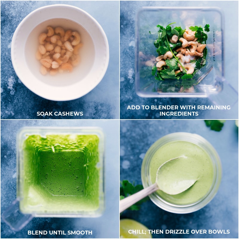 Process shots to make the cashew-cilantro sauce: soak cashews, blend with the remaining ingredients; chill; drizzle over the Black Bean Bowls.