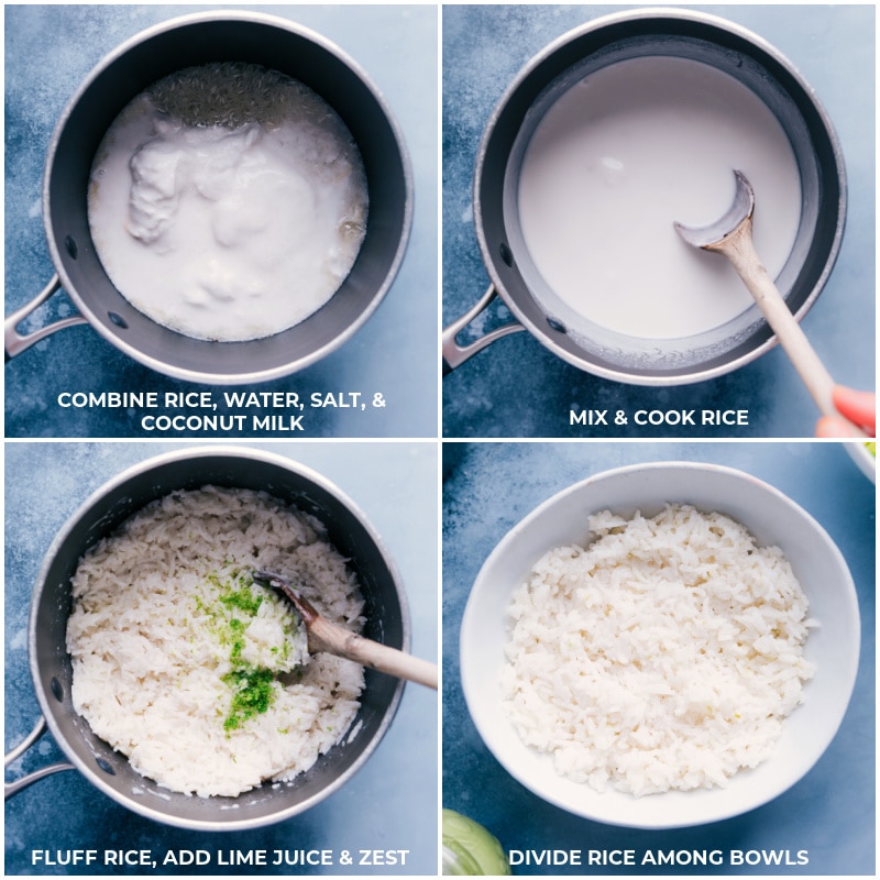 Process shots for making Coconut-Lime Rice: Combine rice, water, salt and coconut milk; mix and cook until rice is tender; fluff rice, add lime juice and zest; divide among the bowls.