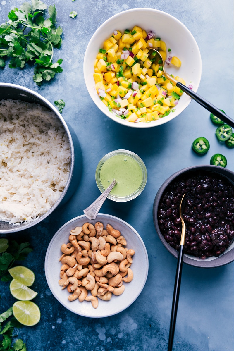 Overhead view of the components of Black Bean Bowls.